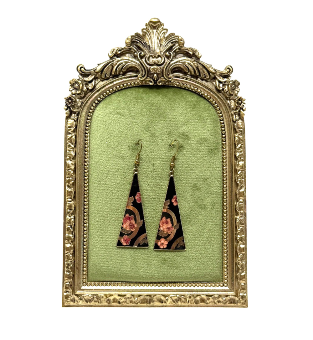 Vintage Cloisonne Enamel Triangular Dangle Earrings Black Floral 2.75" GUC